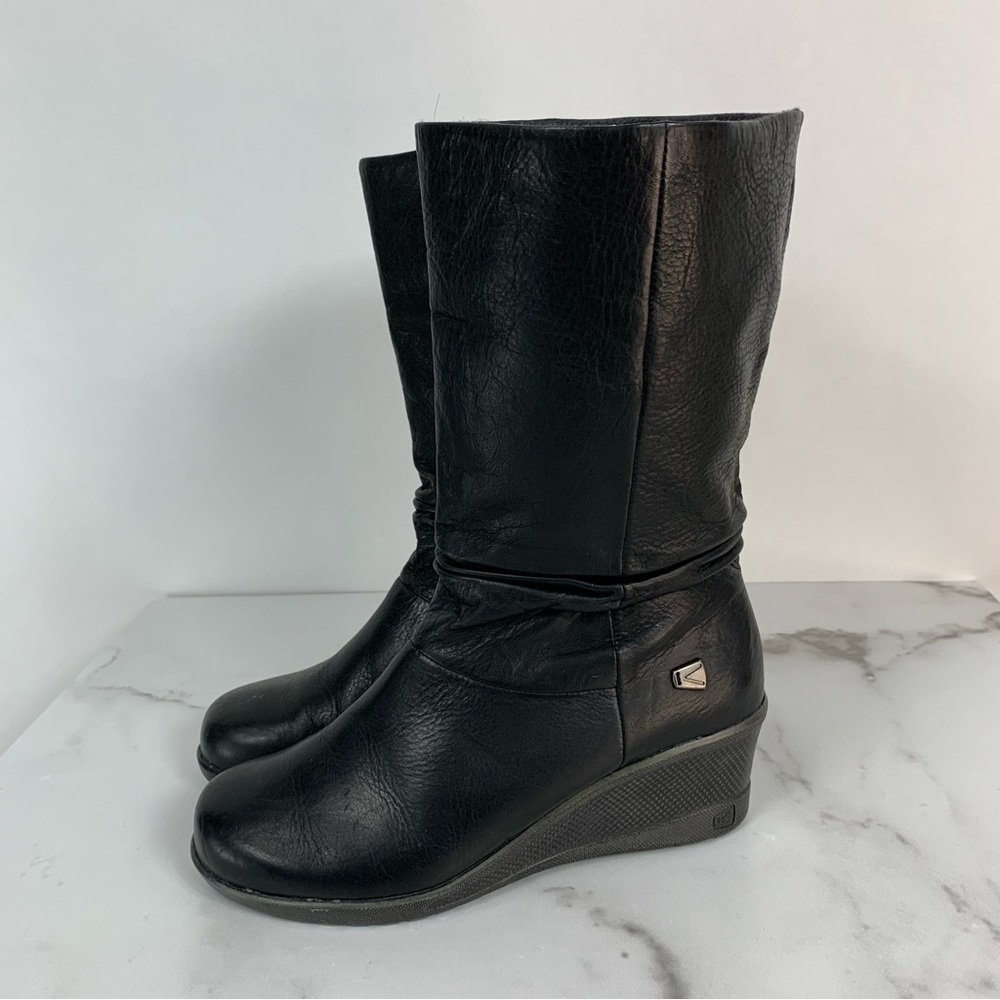 Keen Kate Slouch Mid Calf Black Leather Low Wedge Boots 38